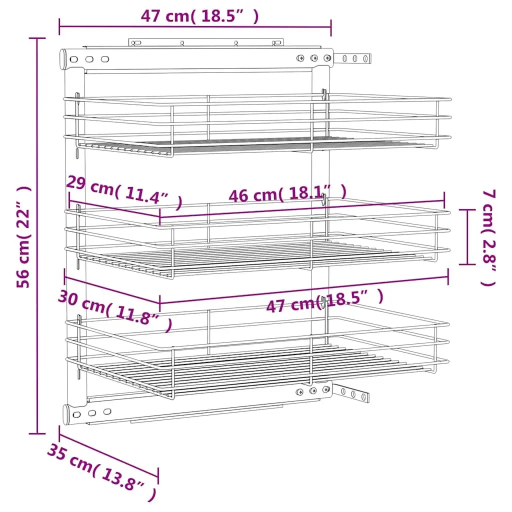 3-Tier Pull-out Kitchen Wire Basket Silver 47 x 35 x 56 cm Smooth Sliding Shelf Storage Organiser