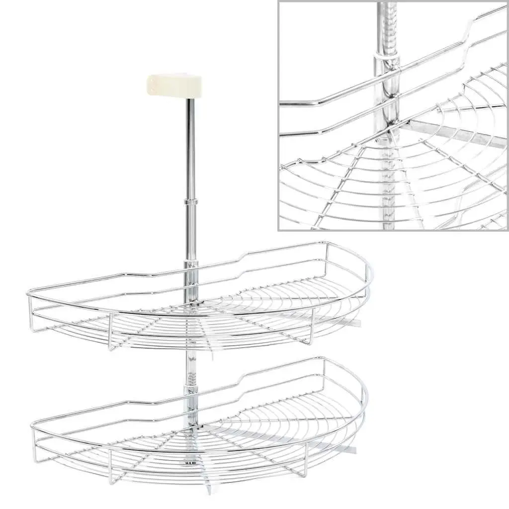 2-Tier Wire Basket Silver Kitchen Cupboard Organiser 180 Degree Rotating Storage Rack