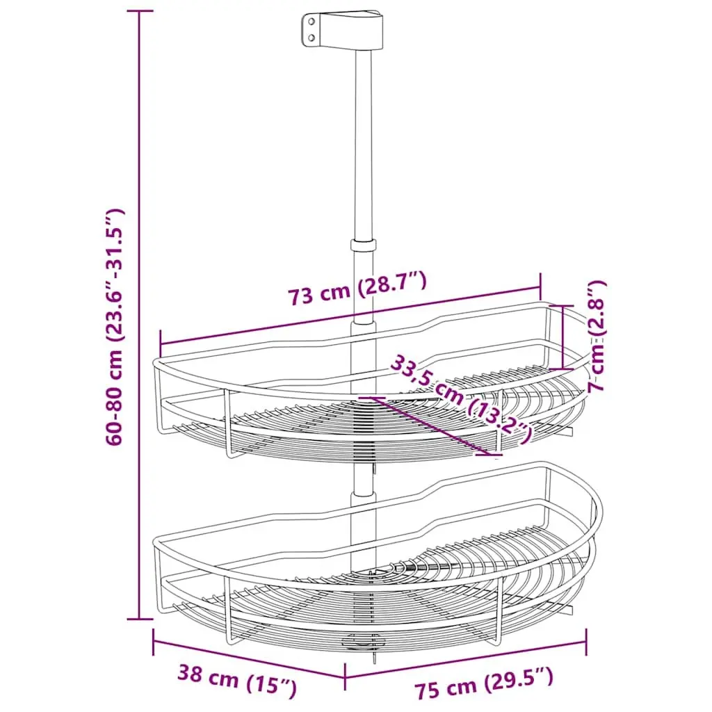 2-Tier Wire Basket Silver Kitchen Cupboard Organiser 180 Degree Rotating Storage Rack