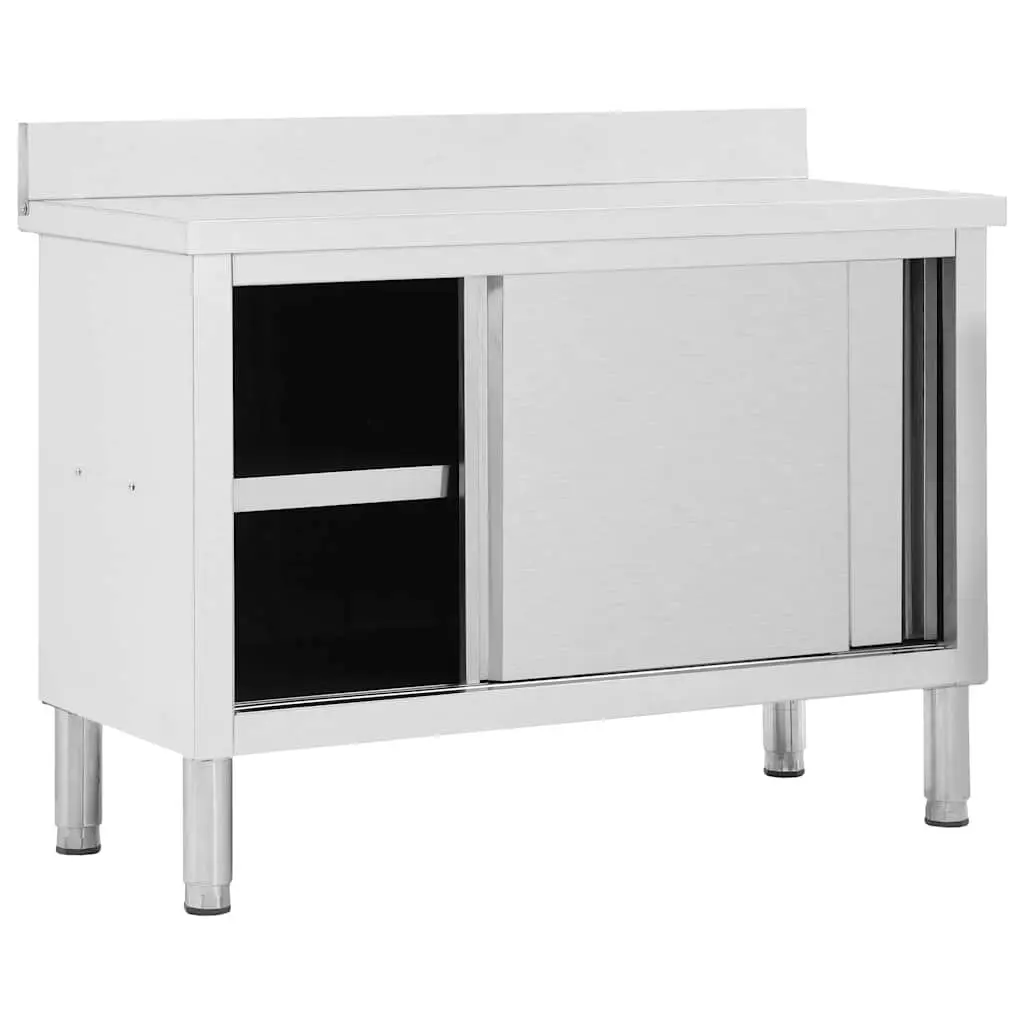 Stainless Steel Work Table 120 x 50 x 95-97 cm with Sliding Doors for Commercial Kitchen Storage