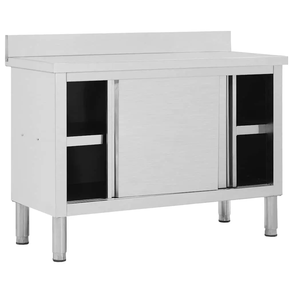 Stainless Steel Work Table 120 x 50 x 95-97 cm with Sliding Doors for Commercial Kitchen Storage