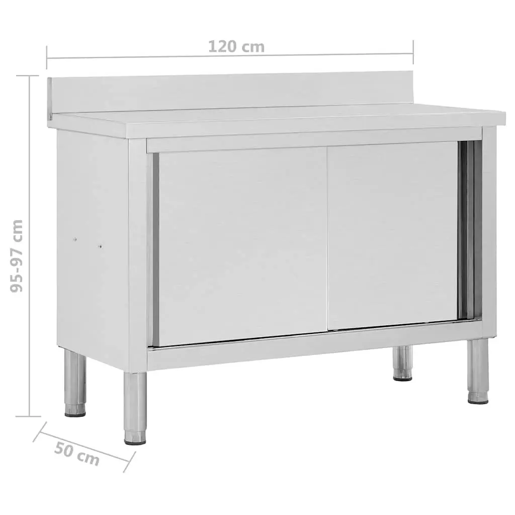 Stainless Steel Work Table 120 x 50 x 95-97 cm with Sliding Doors for Commercial Kitchen Storage
