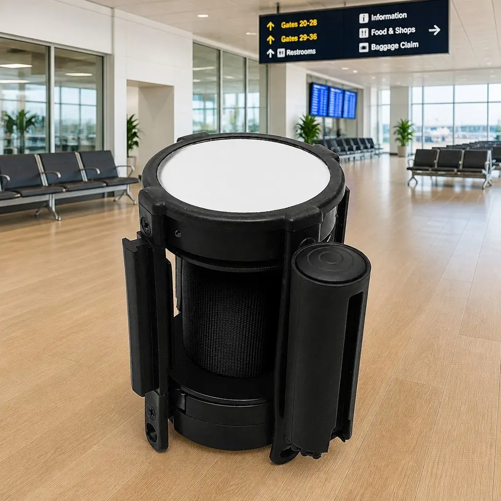 Retractable Belt Barrier Black 200cm Slow Retracting System for Queue Control and Crowd Safety