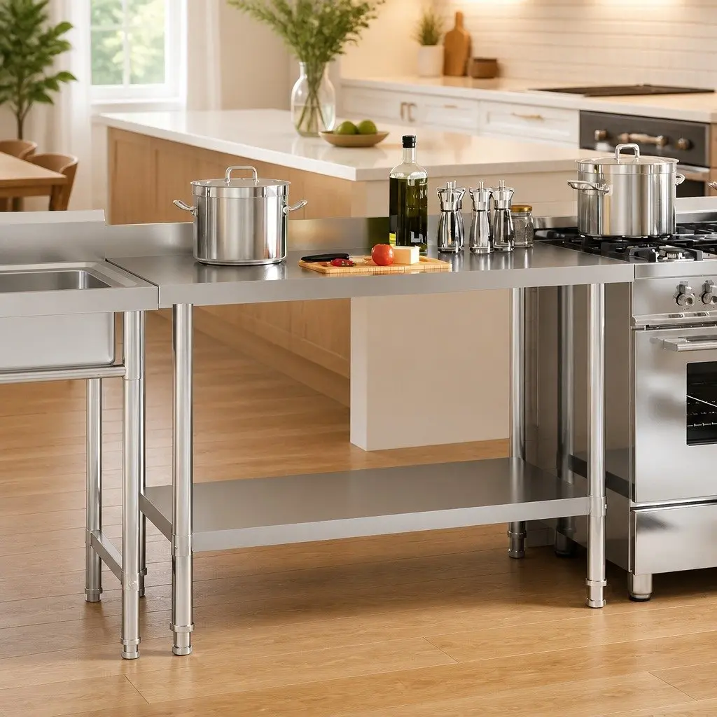 Commercial Kitchen Work Table Stainless Steel 120x60x93cm Heavy Duty Food Prep Station with Backsplash and Bottom Shelf