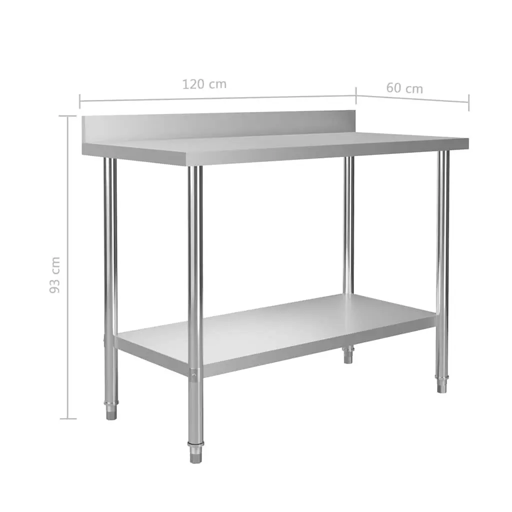 Commercial Kitchen Work Table Stainless Steel 120x60x93cm Heavy Duty Food Prep Station with Backsplash and Bottom Shelf