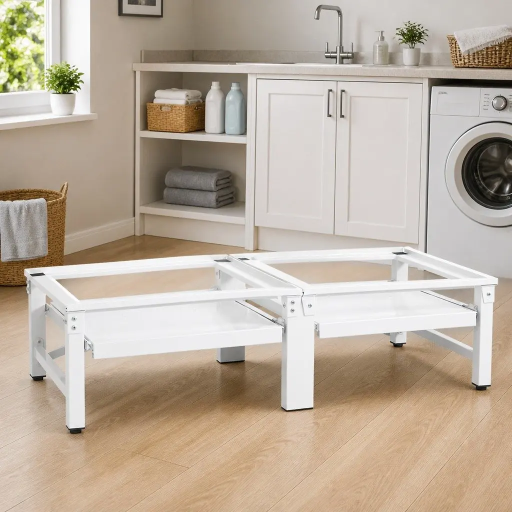 Washing Machine Dryer Pedestal Riser Stand Steel Height Adjustable with Pull-out Storage Shelves