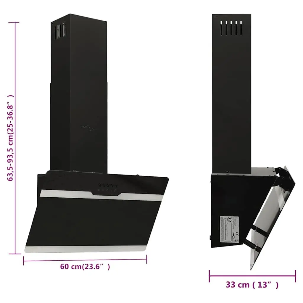 Wall Range Hood Black 60cm Powerful 297 m³/h Extraction with LED Lighting and Washable Aluminium Grease Filter