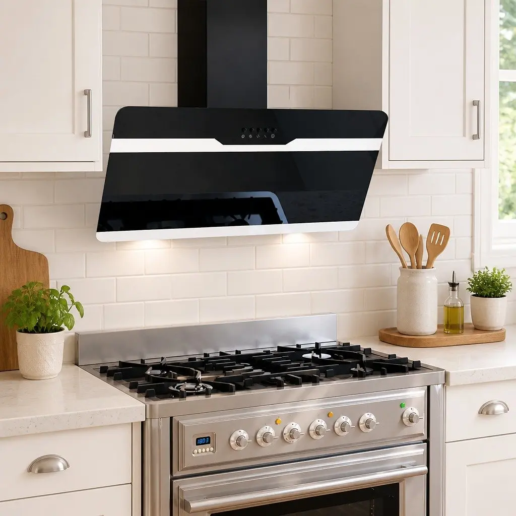 Wall Range Hood Black 90cm Tempered Glass LED Lamp 297m³/h Extraction Capacity