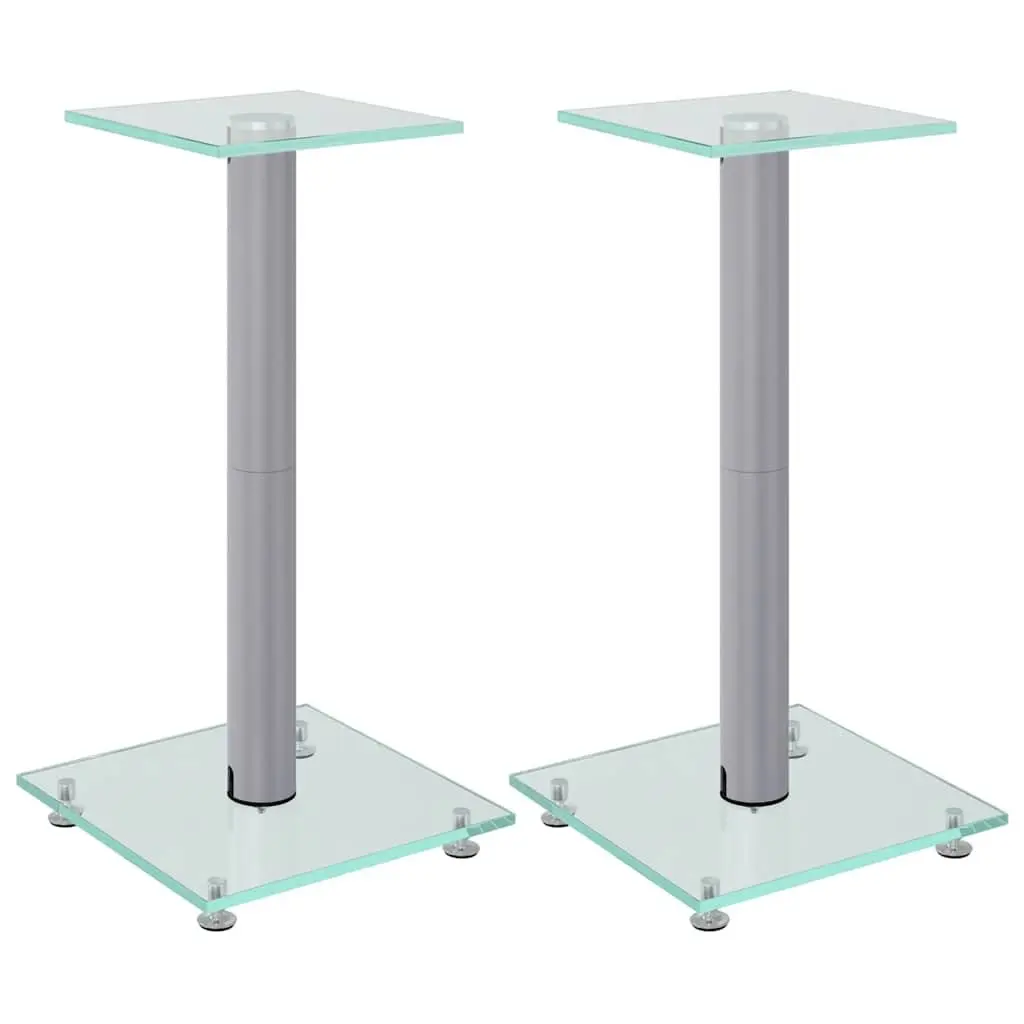 Silver Speaker Stands Pair 2 Piece Tempered Glass Single Pillar Audio Display Mount