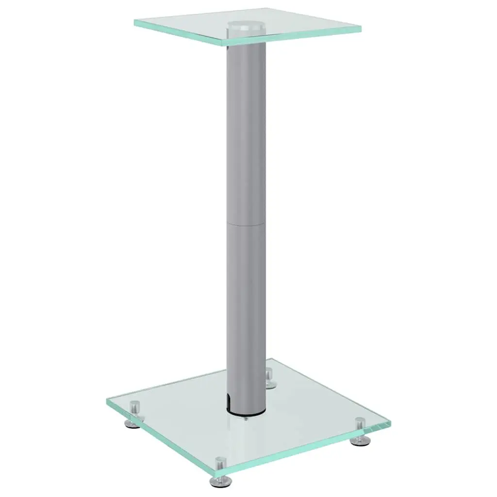 Silver Speaker Stands Pair 2 Piece Tempered Glass Single Pillar Audio Display Mount