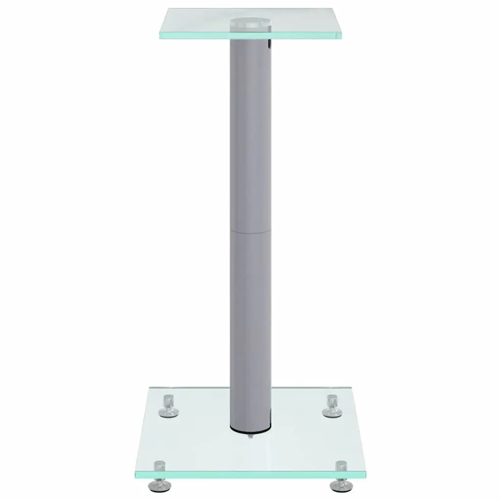 Silver Speaker Stands Pair 2 Piece Tempered Glass Single Pillar Audio Display Mount