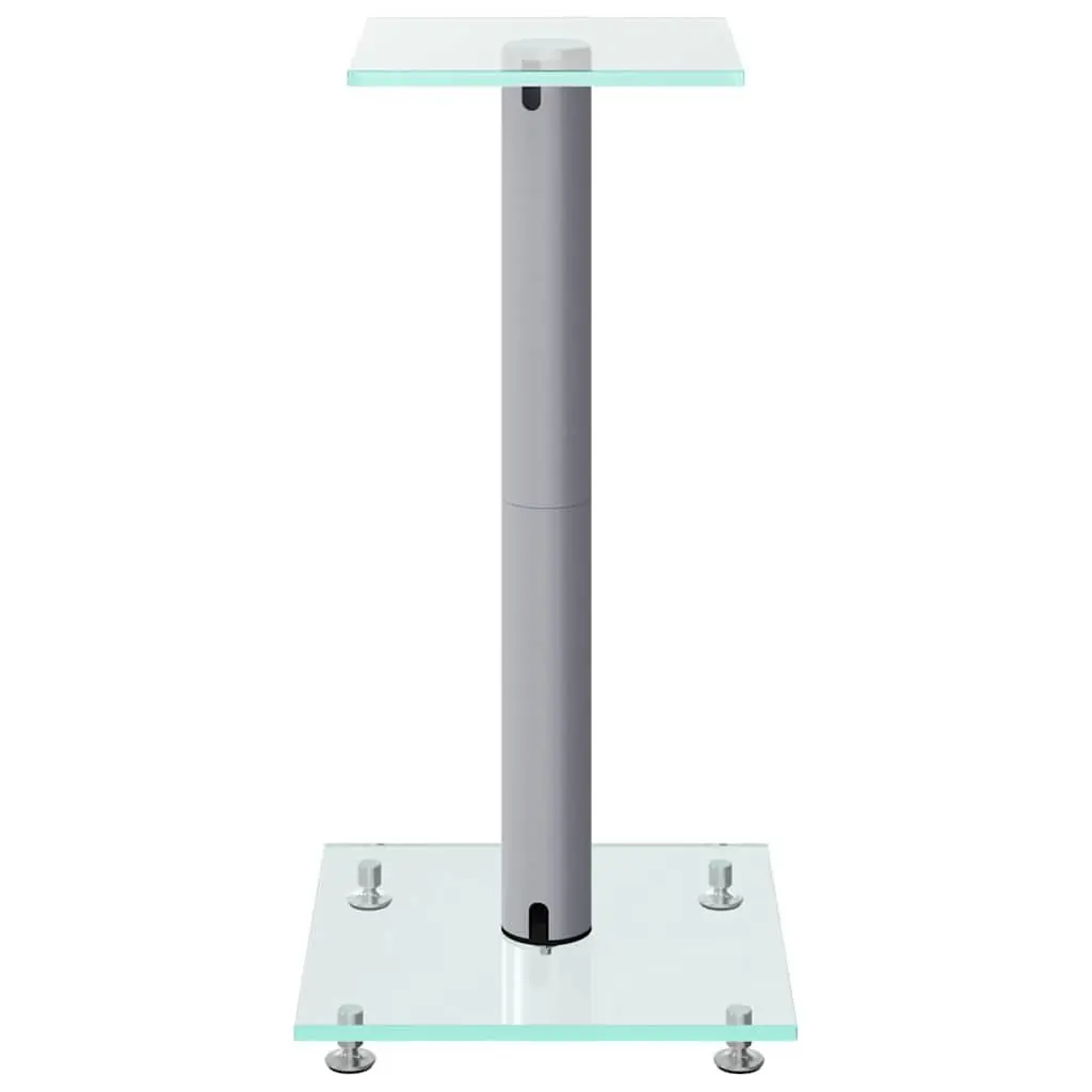 Silver Speaker Stands Pair 2 Piece Tempered Glass Single Pillar Audio Display Mount
