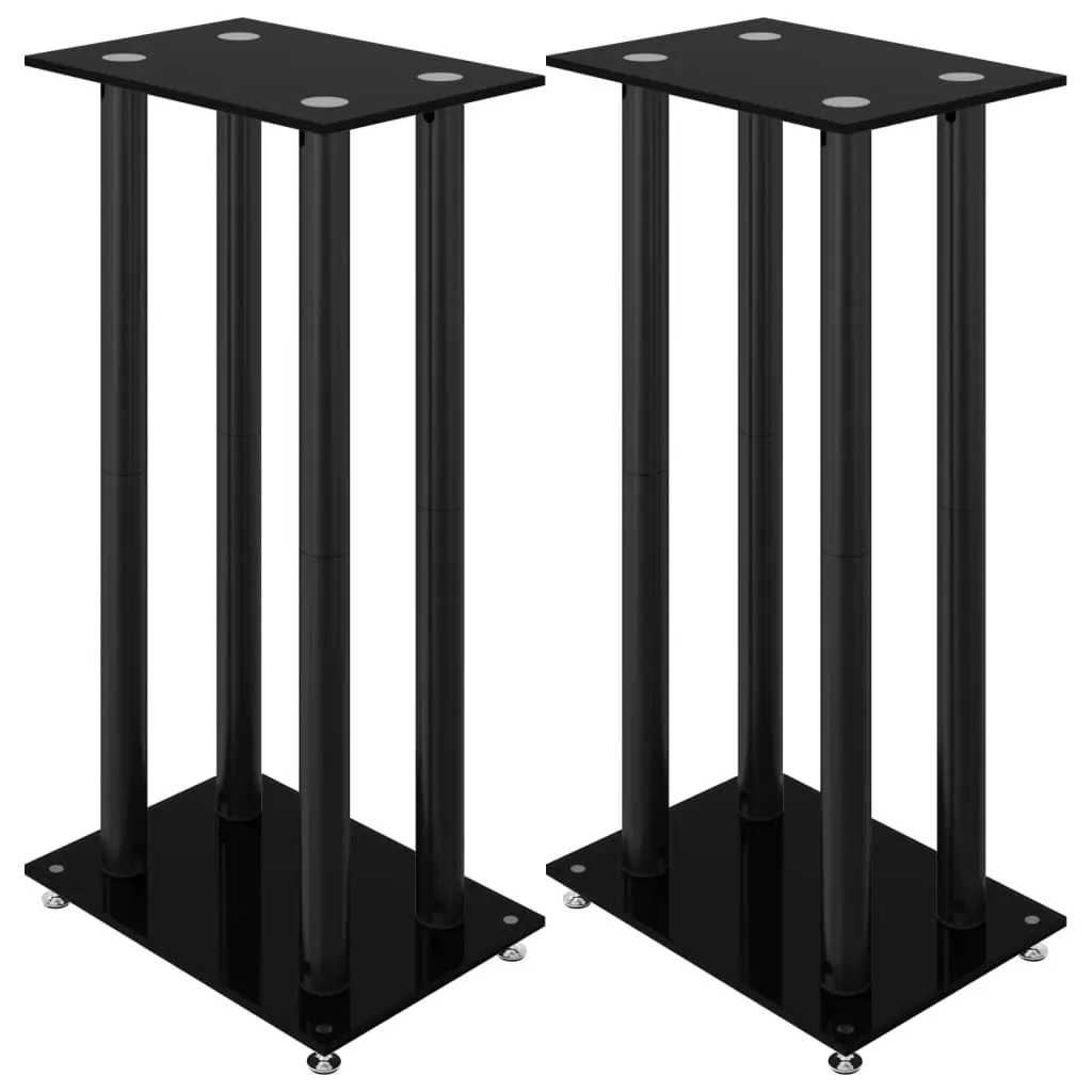 Speaker Stands Pair Black Tempered Glass 4 Pillar Design Audio Stand Mount