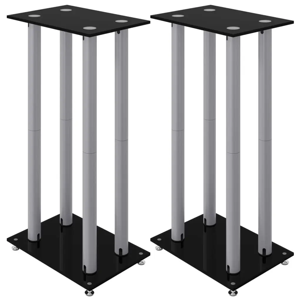 Speaker Stands Pair Black Tempered Glass 4 Pillars Audio Monitor Home Studio
