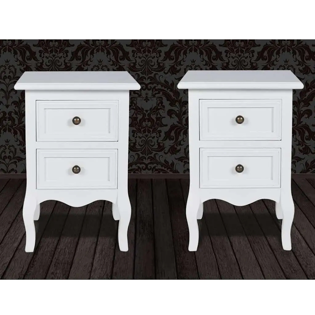 Bedside Tables White Set of 2 with Drawers Tapered Legs Brushed Nickel Knobs