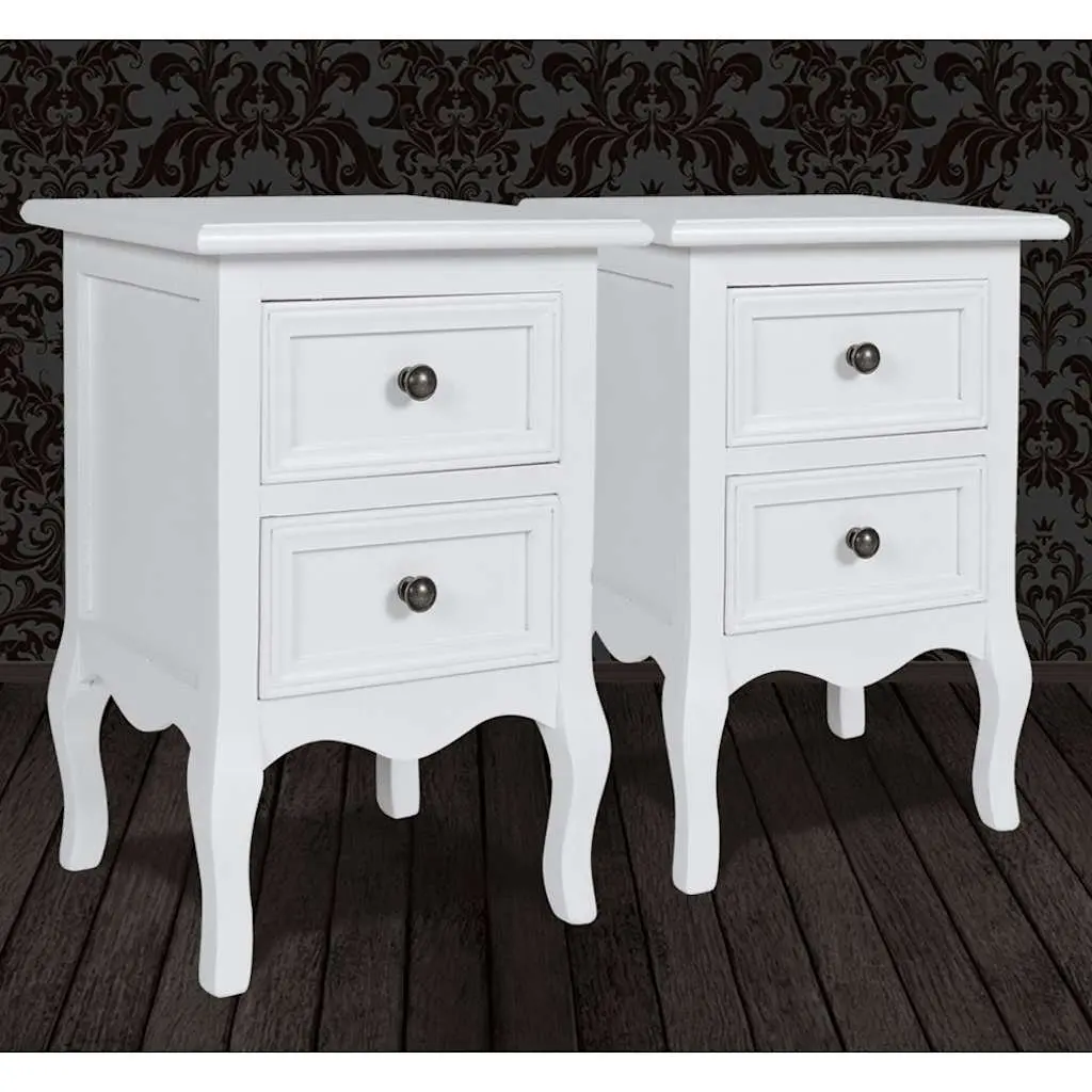 Bedside Tables White Set of 2 with Drawers Tapered Legs Brushed Nickel Knobs