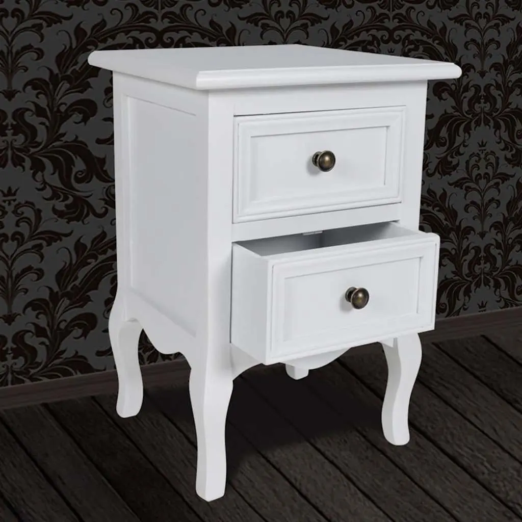 Bedside Tables White Set of 2 with Drawers Tapered Legs Brushed Nickel Knobs
