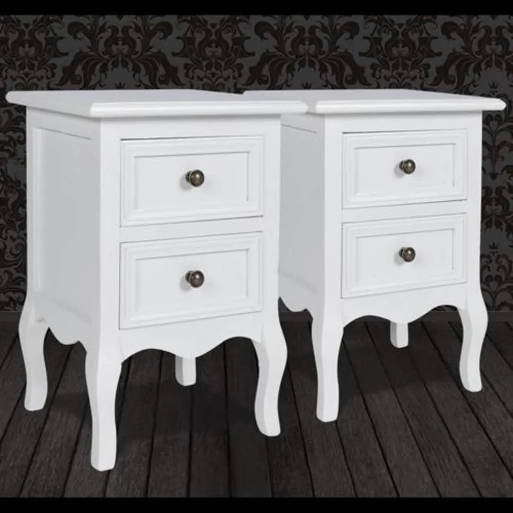 Bedside Tables White Set of 2 with Drawers Tapered Legs Brushed Nickel Knobs