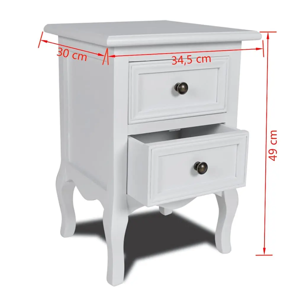 Bedside Tables White Set of 2 with Drawers Tapered Legs Brushed Nickel Knobs
