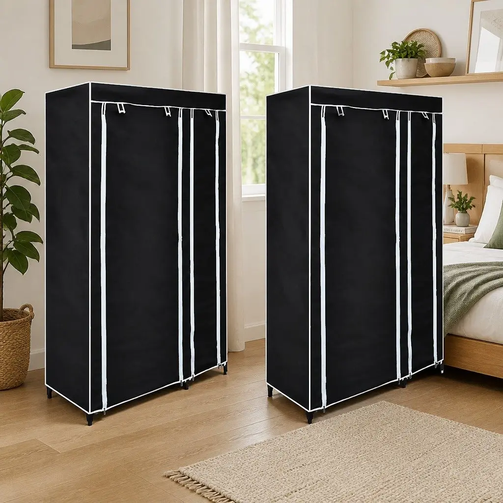 Folding Wardrobe Black 2 pcs Portable Storage Easy Assembly Clothes Organizer