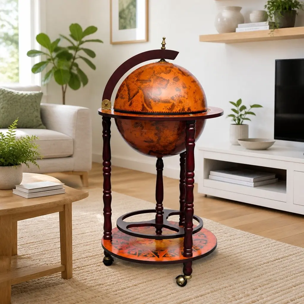 Wooden Globe Bar Cabinet Brown Globe-shaped with Bottle and Glass Holders on Wheels