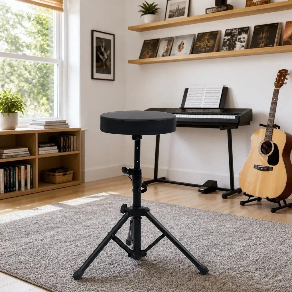 Adjustable Drum Stool Black Round Padded Height Adjustable Tripod Legs Foldable