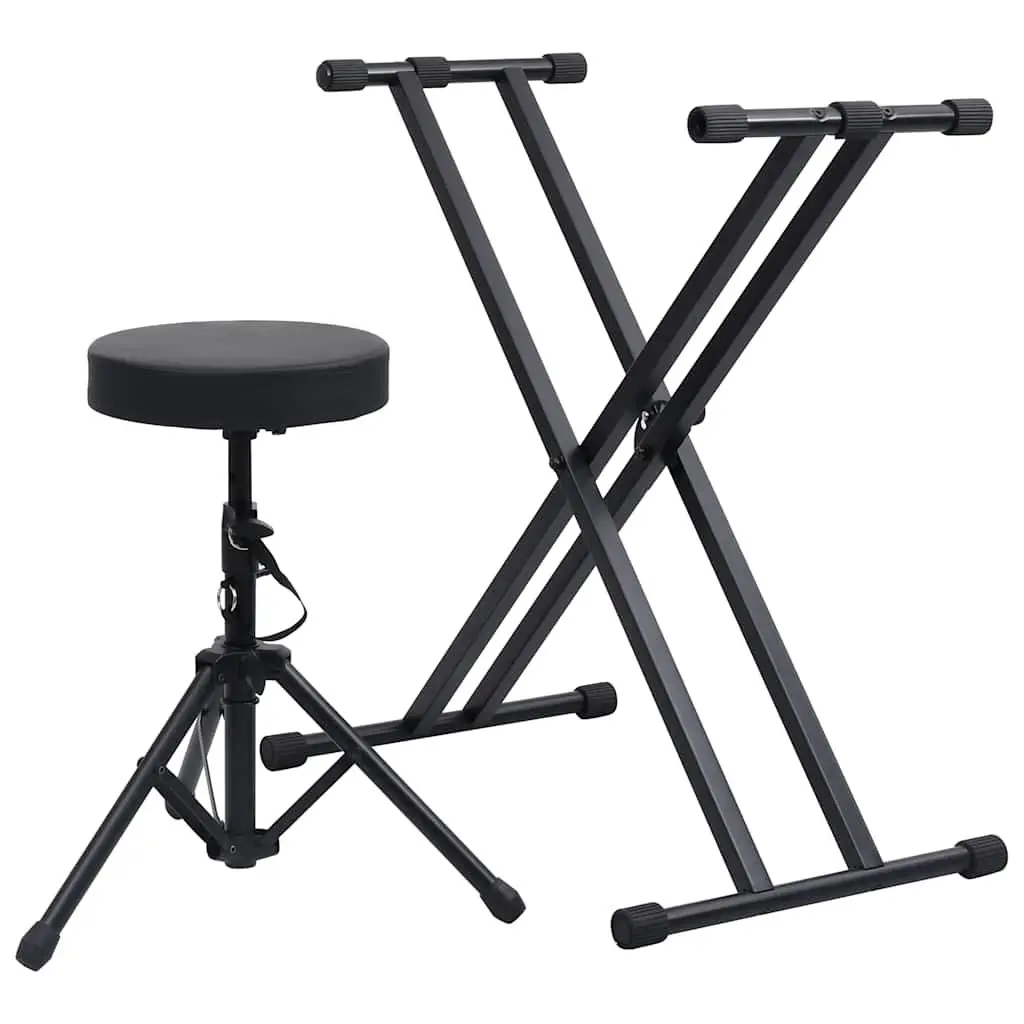 Keyboard Stand and Stool Set Black Foldable Height Adjustable Double Braced for Music Performance