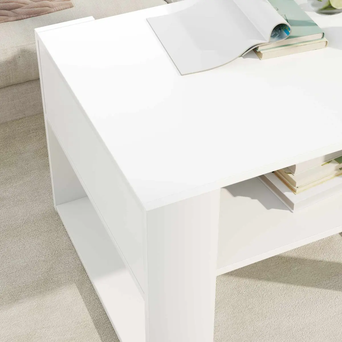 Rectangular White Coffee Table Engineered Wood with Storage for Living Room 66x53x45cm