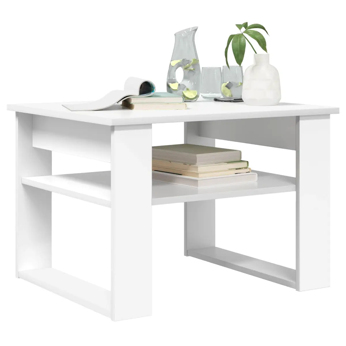 Coffee Table White Rectangular Modern with Storage Shelves