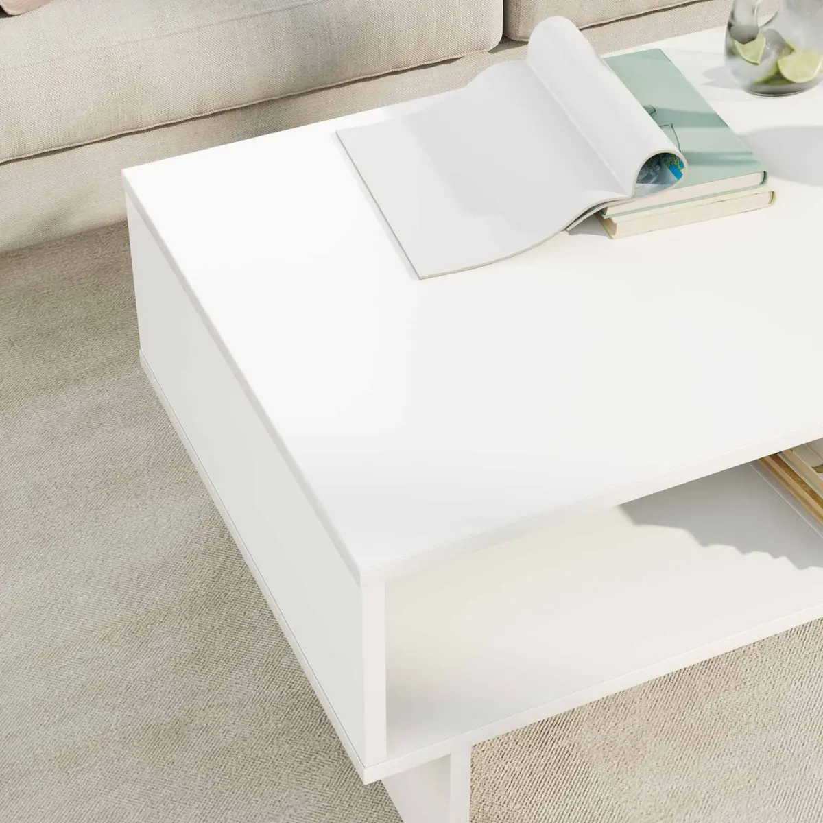 Coffee Table White Modern Lounge Living Room Engineered Wood Storage Shelves