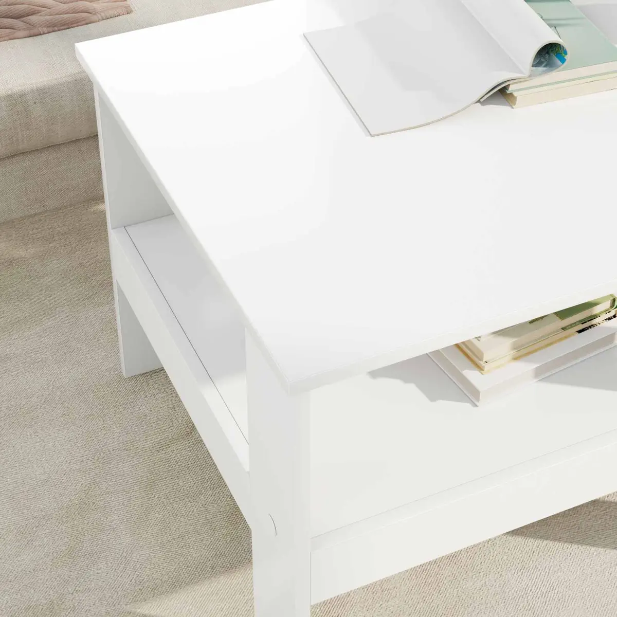 Coffee Table White Modern Living Room Furniture with Storage Shelves 57x55x45cm