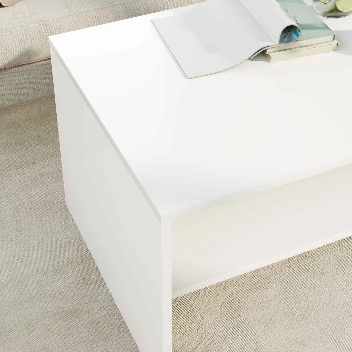 Coffee Table White Rectangular Modern Integrated Shelf Storage