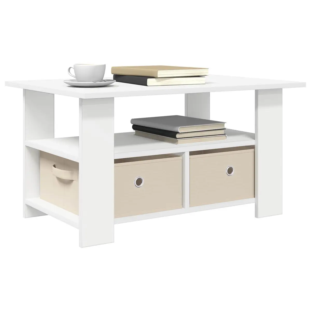 Coffee Table White Engineered Wood Rectangular Shape with Drawer