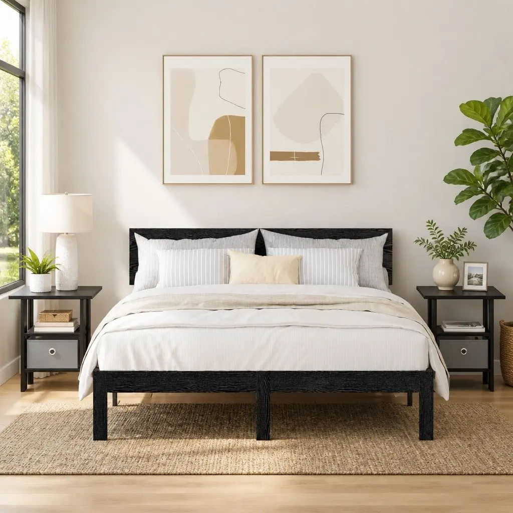 Bedside Table Black 2 Piece Modern Bedroom Furniture Nightstand Storage Drawer