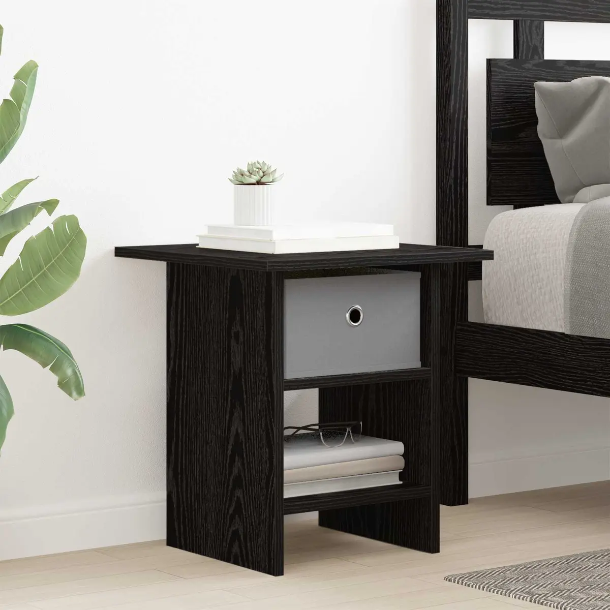 Bedside Table 2 pcs Black Modern Design Compact Bedroom Storage Nightstand