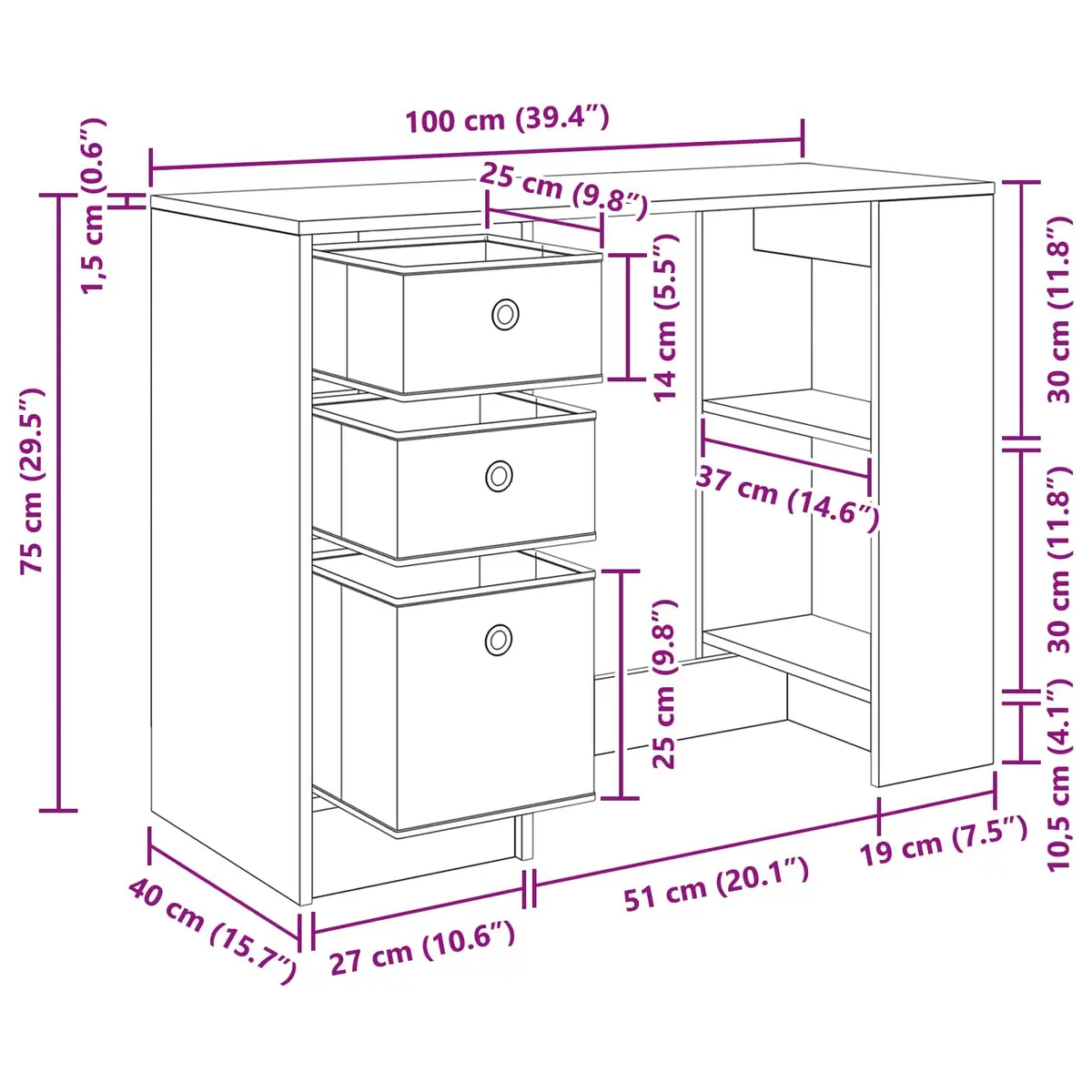 White Rectangular Desk Engineered Wood Home Office Furniture with Multiple Drawers