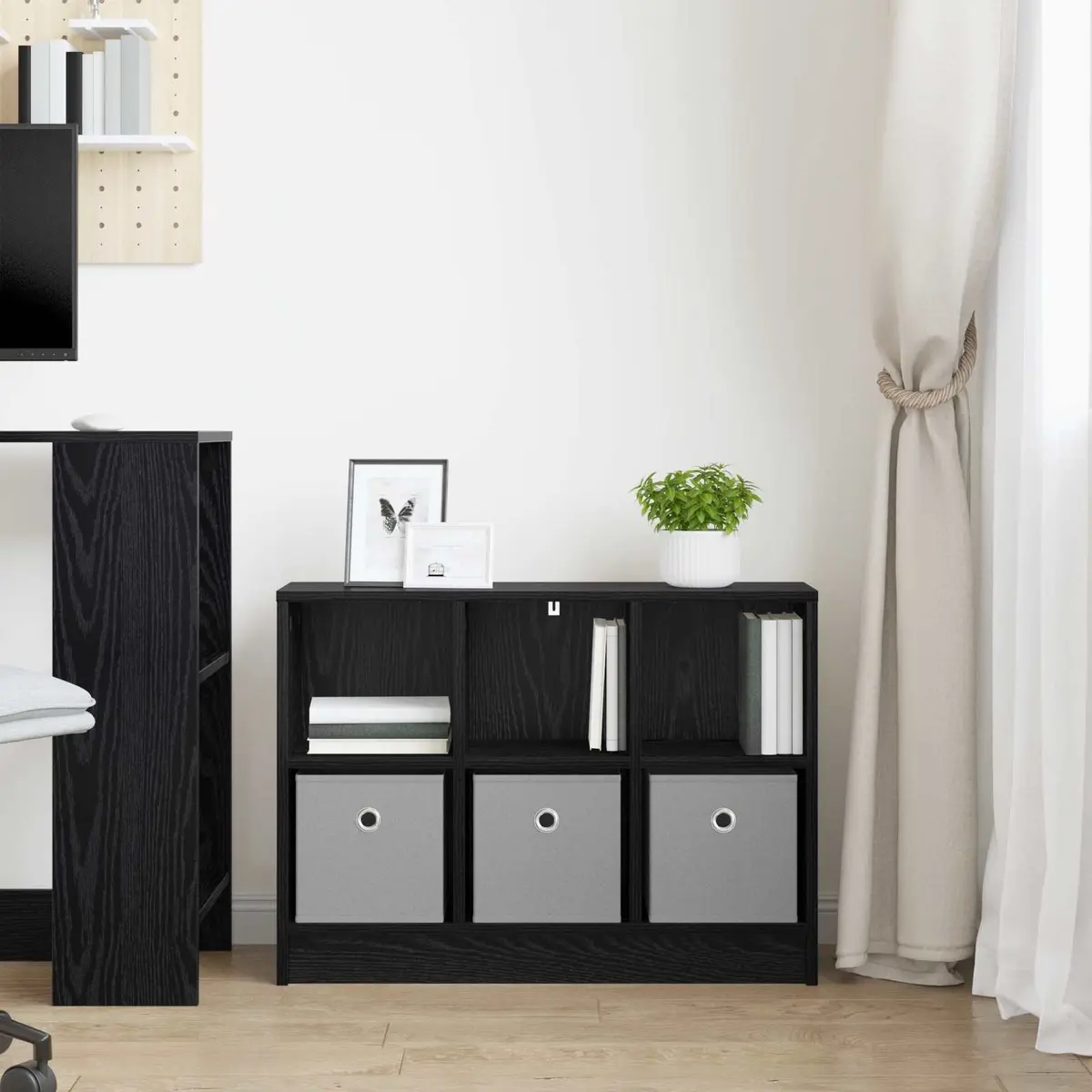 Black Sideboard Modern Storage Cabinet Engineered Wood 73.5 x 22.5 x 53.5 cm Recessed Handles