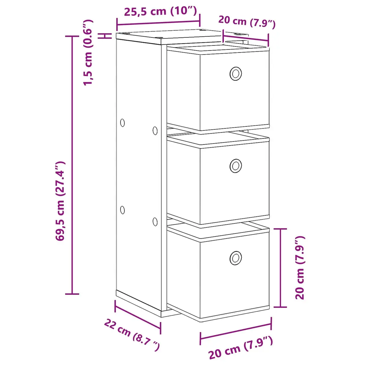 Sideboard White 25.5 x 22 x 69.5 cm Modern Storage Cabinet with Drawer and Shelves for Living Room Furniture