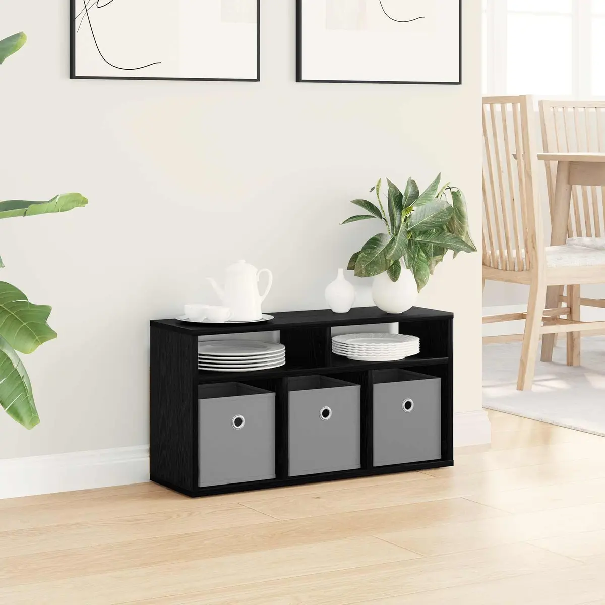 Lowboard TV Unit with Drawer Black Oak Modern Storage Furniture Living Room