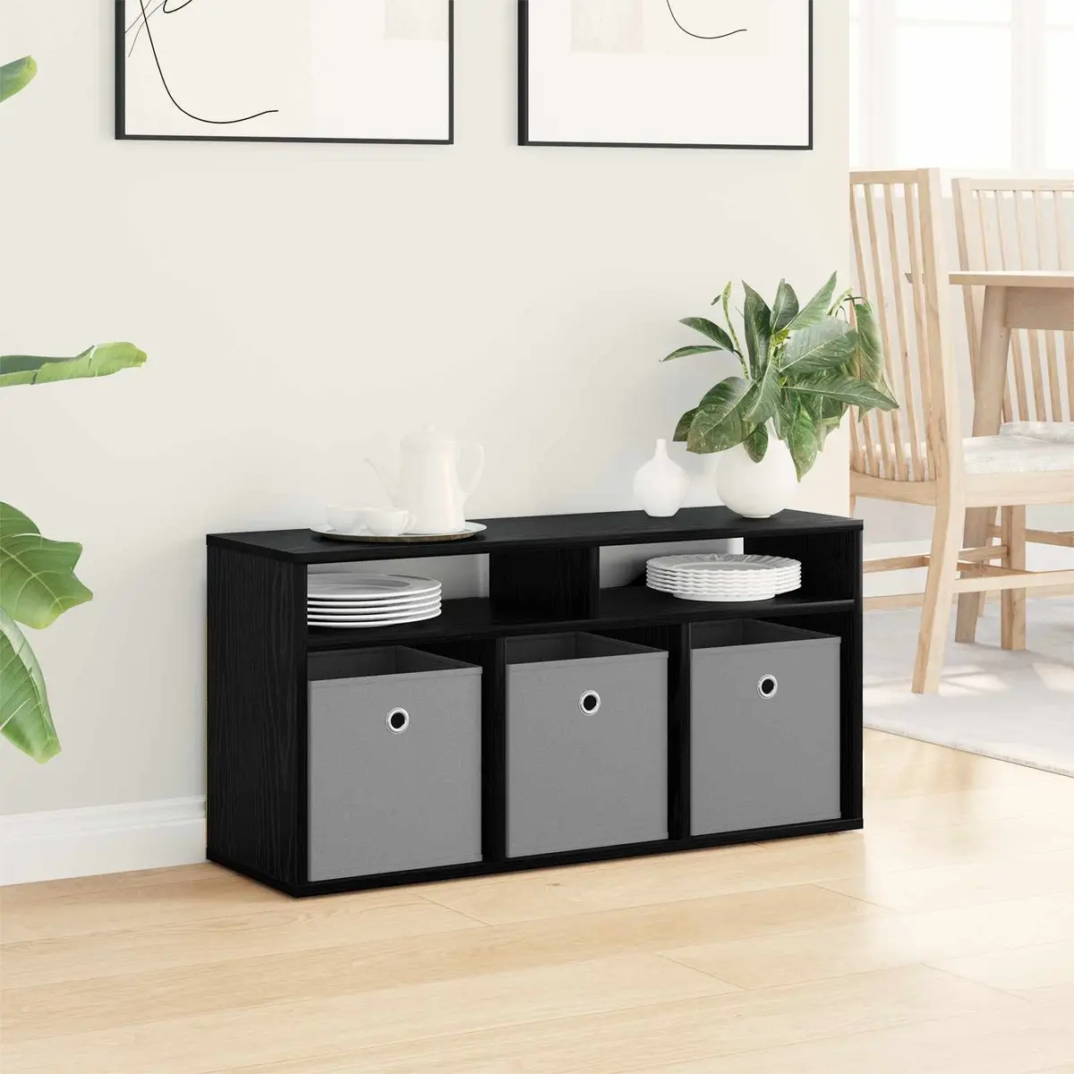 Modern Lowboard TV Unit with Drawer Black Oak Living Room Storage Cabinet 87cm