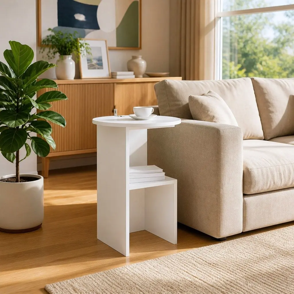 Side Table White Modern Accent Coffee Table Engineered Wood Living Room Bedroom