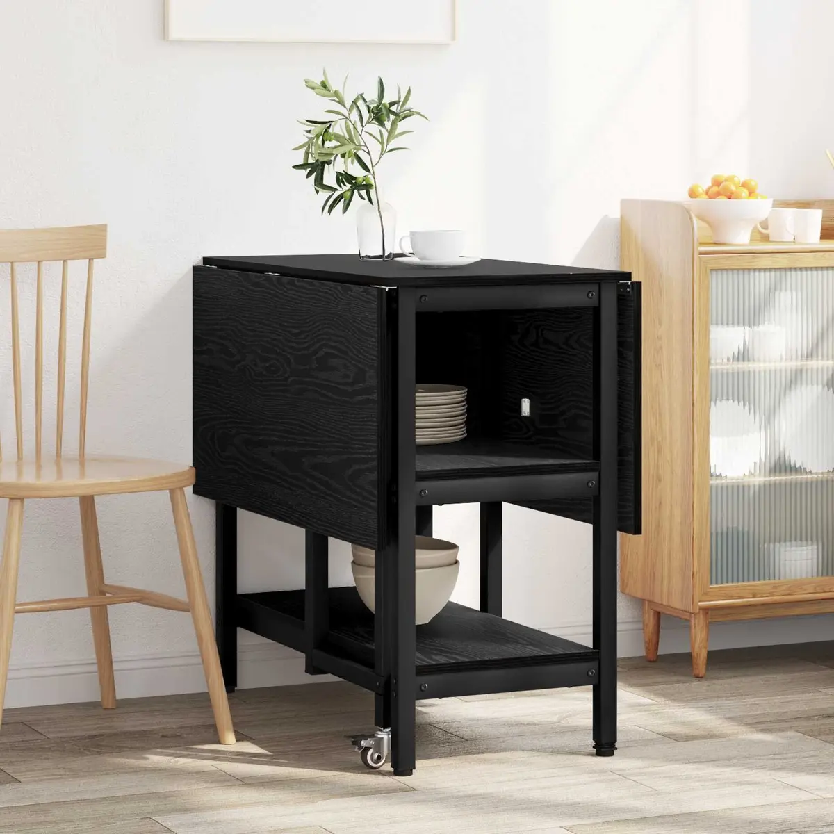 Dining Table Black Oak 122x80x76.5cm Engineered Wood Rectangle with Storage Shelves