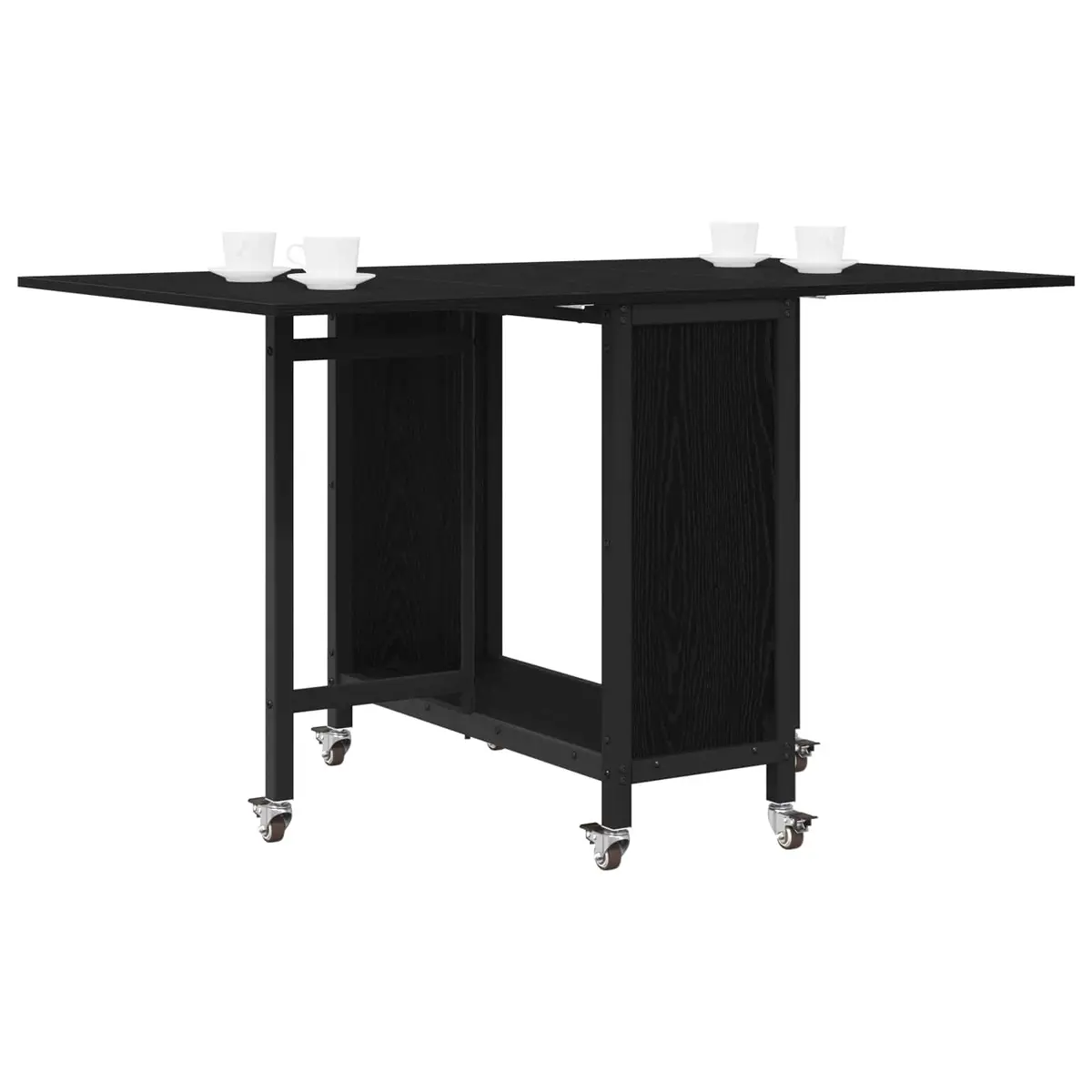 Folding Dining Table Black Engineered Wood Smooth Surface Six Lockable Wheels Lower Storage Shelf