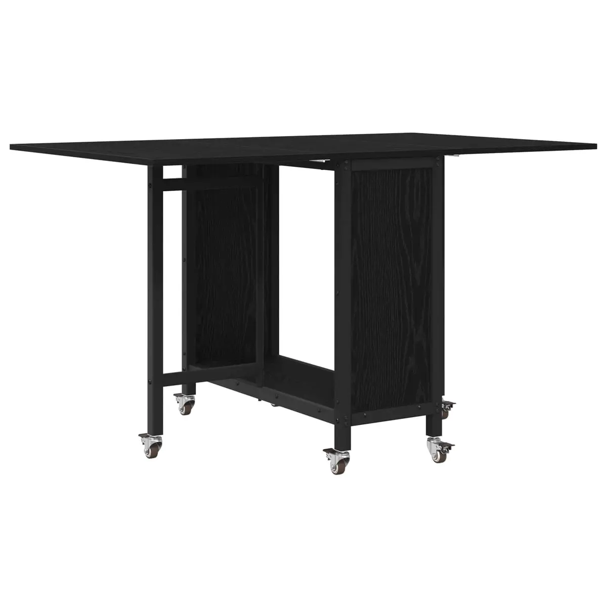 Folding Dining Table Black Engineered Wood Smooth Surface Six Lockable Wheels Lower Storage Shelf