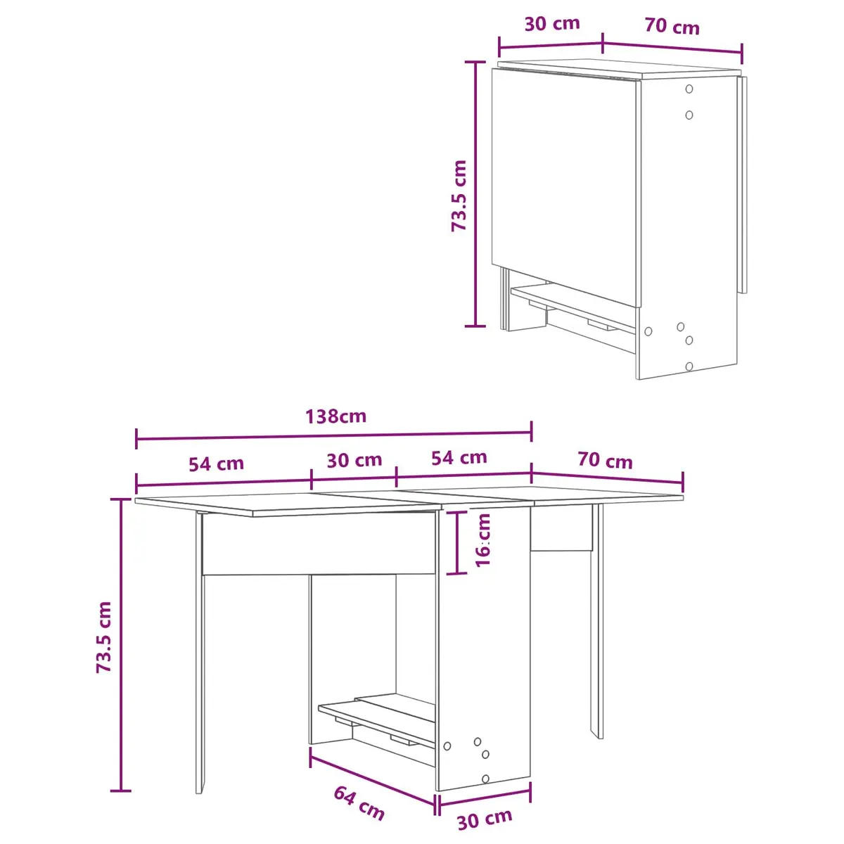 Dining Table Brown 138x70cm Extendable Folding Tabletop