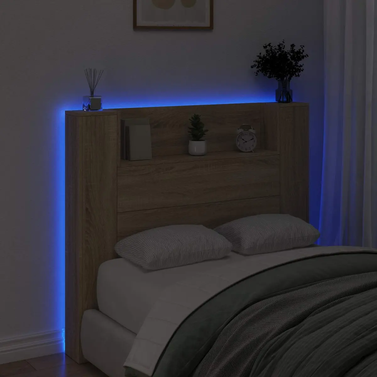 Wall-Mounted Headboard Cabinet with LED Lighting