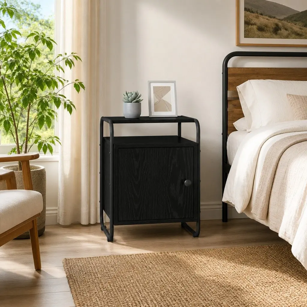 Bedside Cabinet Black Modern Engineered Wood Compact Storage Table