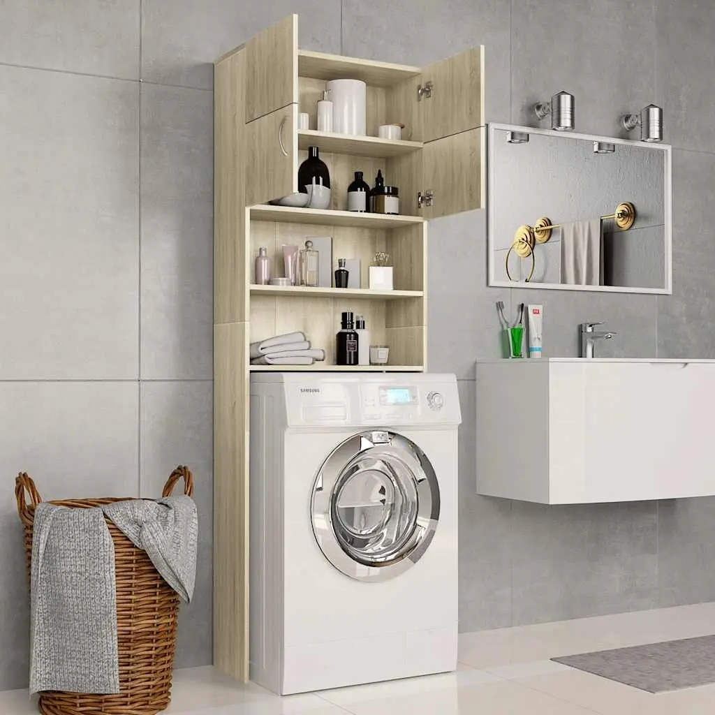 Washing Machine Cabinet Sonoma Oak 64W x 25.5D x 190H cm Storage Cupboard Bathroom Laundry Organizer