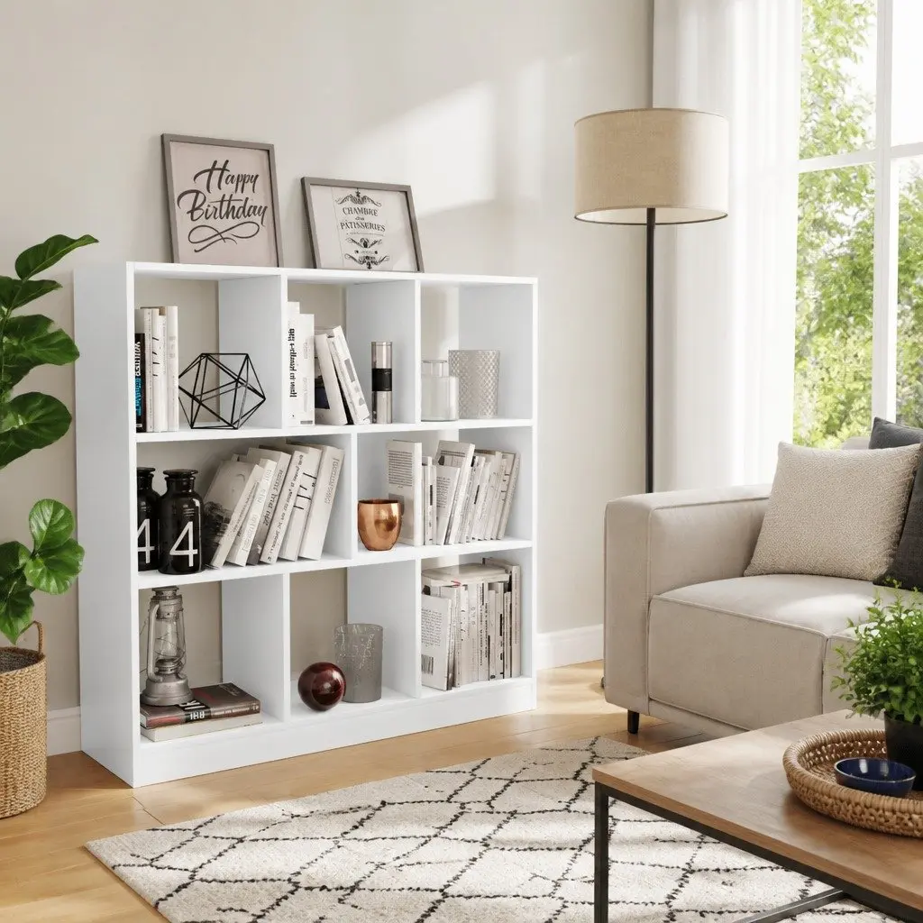 Book Cabinet White 8 Compartment Storage Organizer