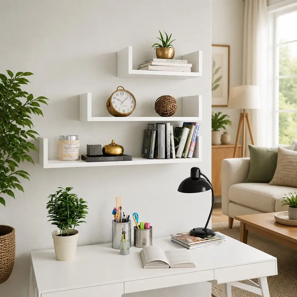 Wall Display Shelf White 3 Piece Set Engineered Wood U Shaped Floating Storage